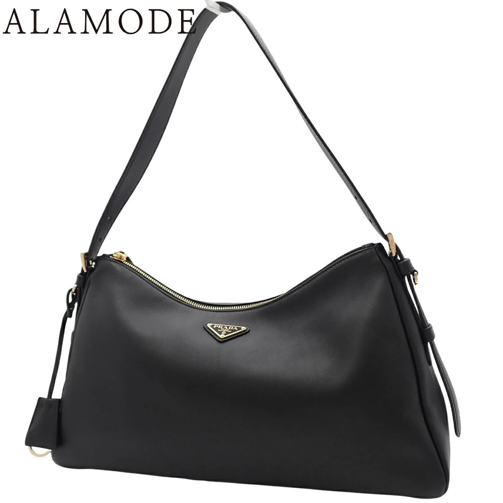 Prada Aim Triangle Hobo Shoulder Bag Soft Grain Leather Black